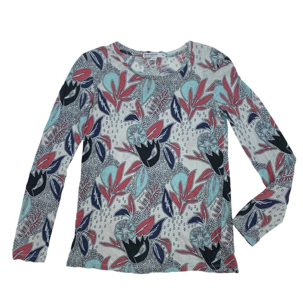 Stateside Size XS Knit Floral Print Blue Pink Long Sleeve Top Pima Cotton FLAWS*